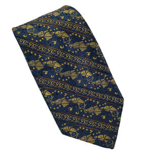 Vintage 1970s Barra Italy Blue Gold Silk Equestrian Horse Print Tie